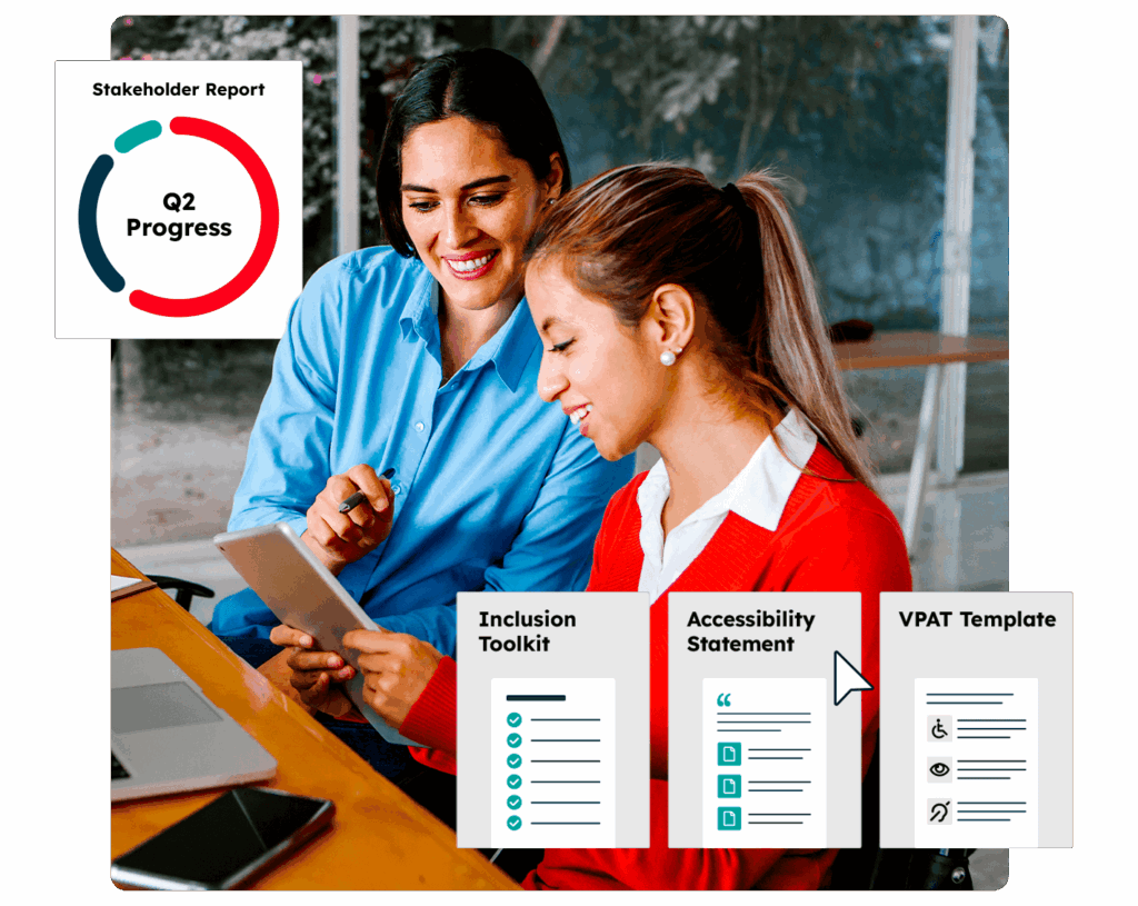 An image of two people surrounded by graphics of Recite Me's Accessibility Documentation service