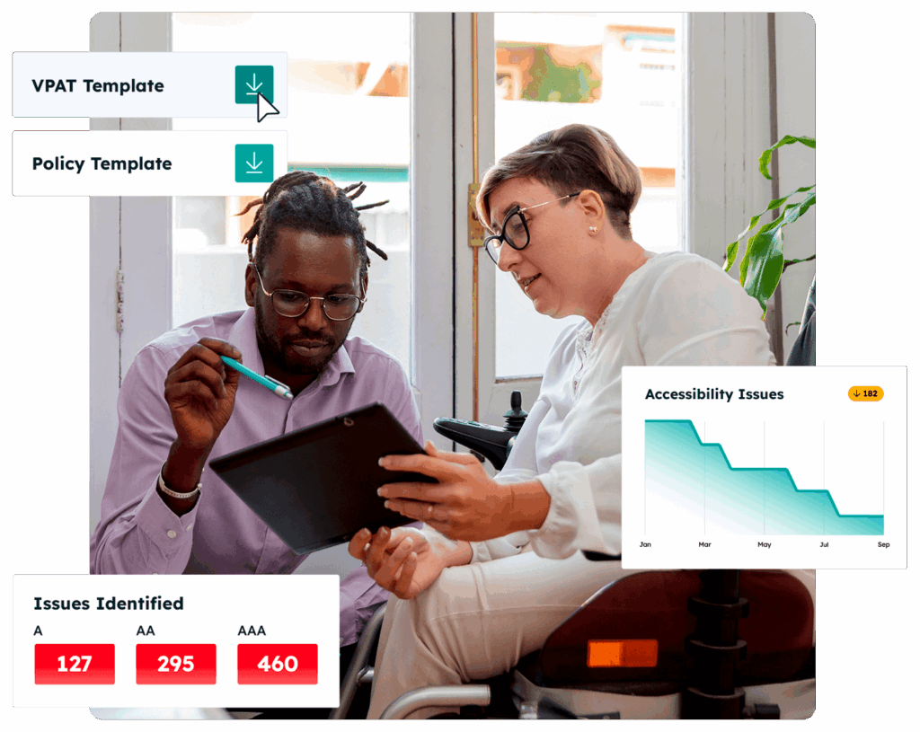Image of two people surrounded by graphics of the Recite Me Consultancy services