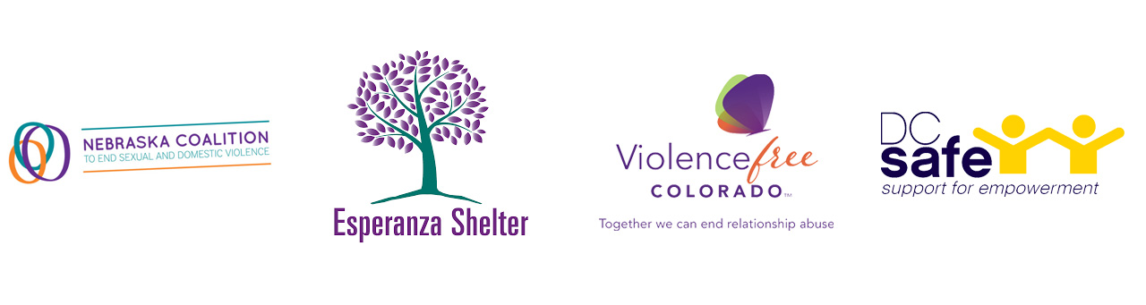 Nebraska Coalition to End Sexual and Domestic Violence logo, Esperanza Shelter logo, Violence Free Colorado logo and DC Safe logo