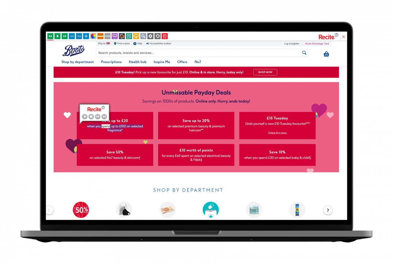 Boots website with the Recite Me toolbar launched