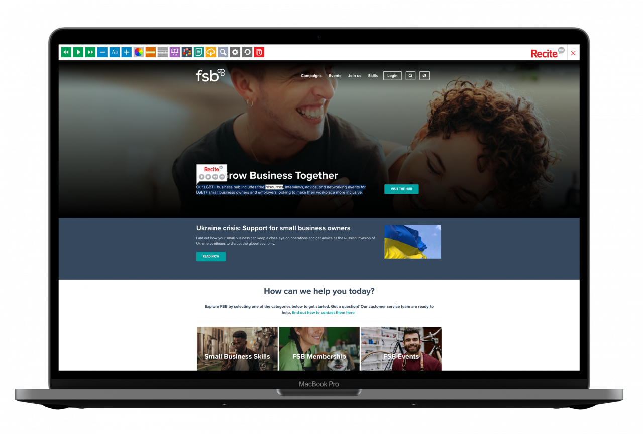 FSB website with the Recite Me toolbar launched