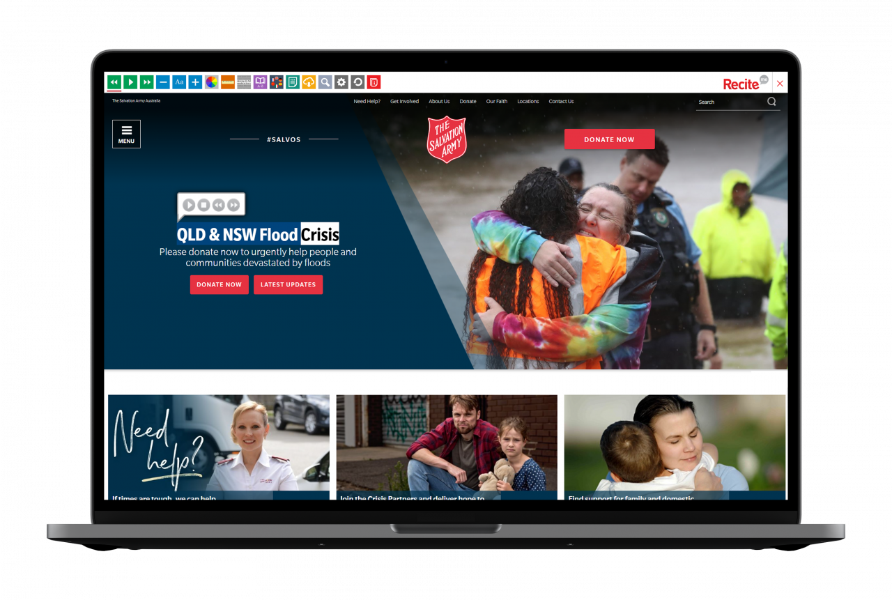 The Salvation Army Australia website with the Recite Me toolbar launched