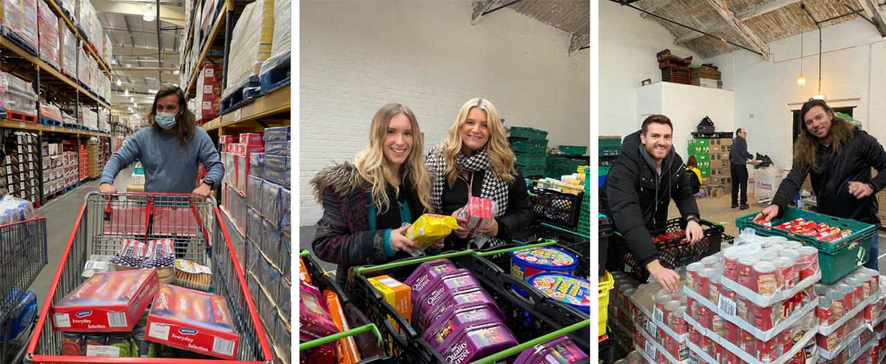 Photos of the team doing a food shop and helping to sort donations at Feeding Families