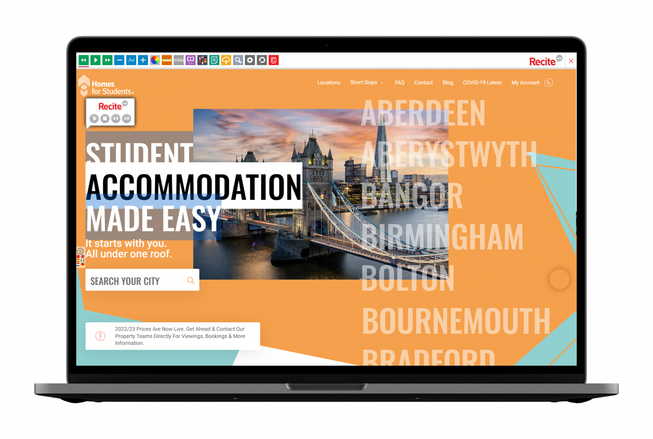Homes for students website with the Recite Me toolbar launched