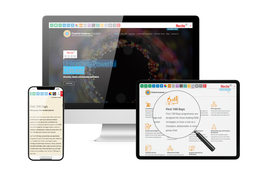 Desktop, mobile and tablet with Charlotte Sweeney Associates website using the Recite Me assistive toolbar