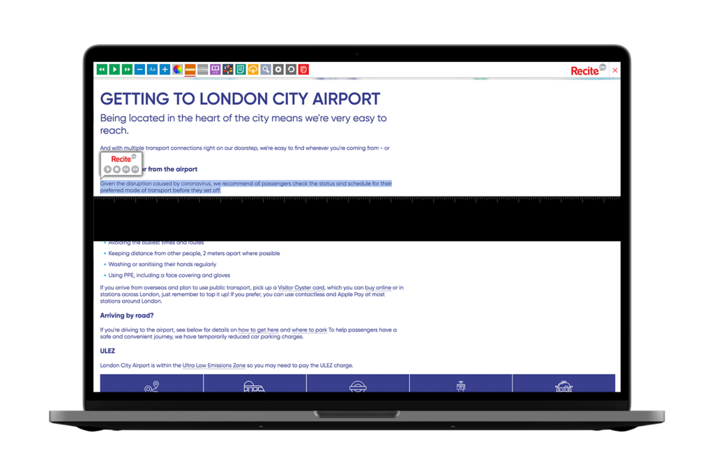 Laptops with London City Airport website using the Recite Me assistive toolbar