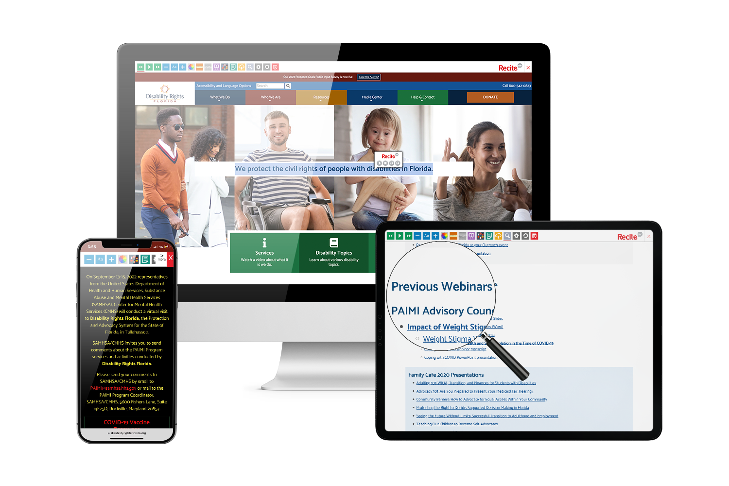 Desktop, mobile and tablet with Disability Rights Florida website using the Recite Me assistive toolbar