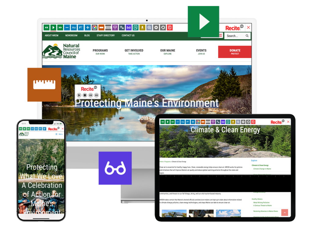 Desktop, mobile and tablet with Natural Resources Council of Maine website using the Recite Me assistive toolbar