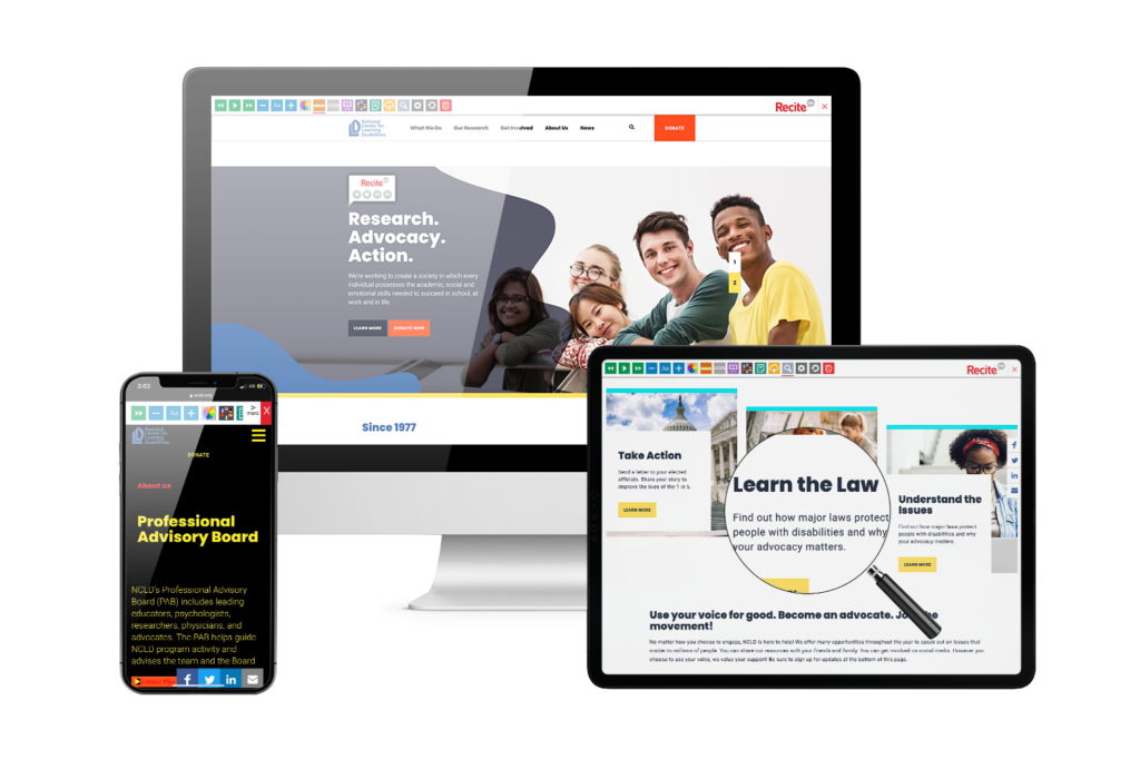 Desktop, mobile and tablet with National Center for Learning Disabilities website using the Recite Me assistive toolbar