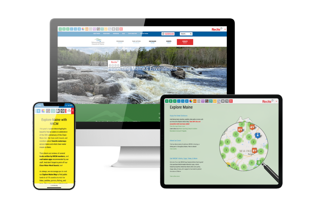 Desktop, mobile and tablet with Natural Resources Council of Maine website using the Recite Me assistive toolbar