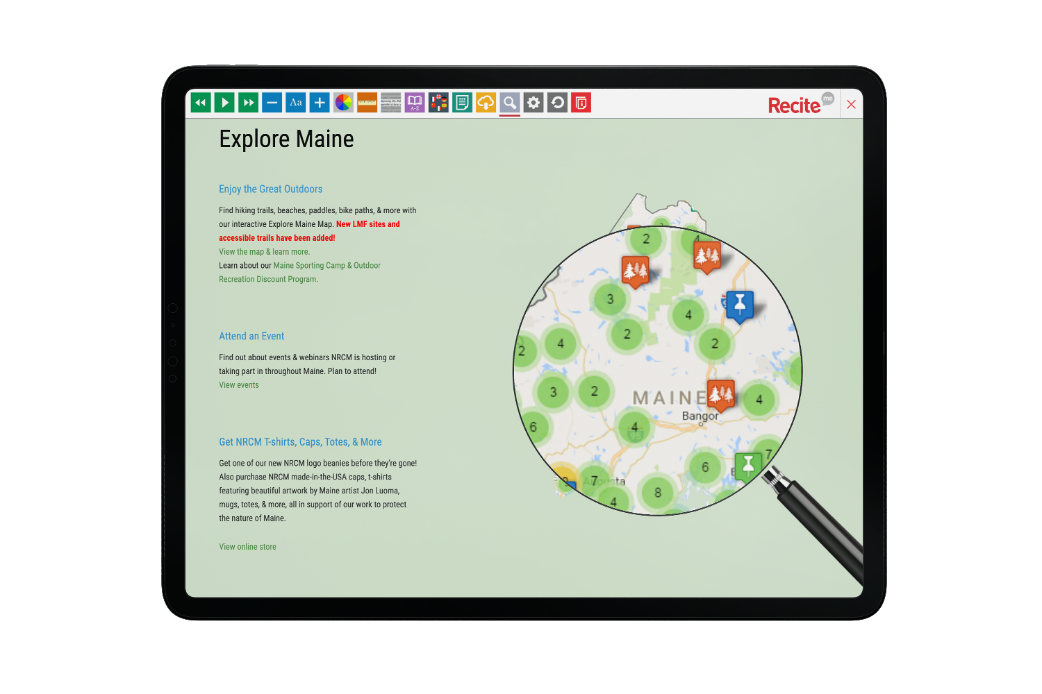 Tablet with Natural Resources Council of Maine website using the Recite Me assistive toolbar