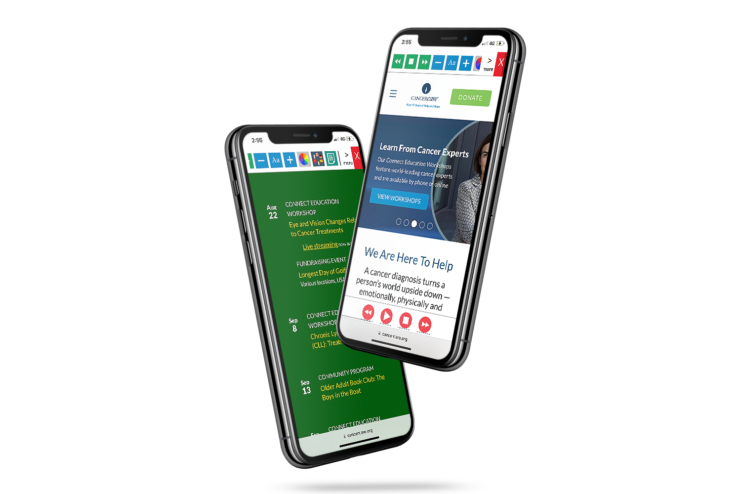 Mobiles with Cancer Care website using the Recite Me assistive toolbar