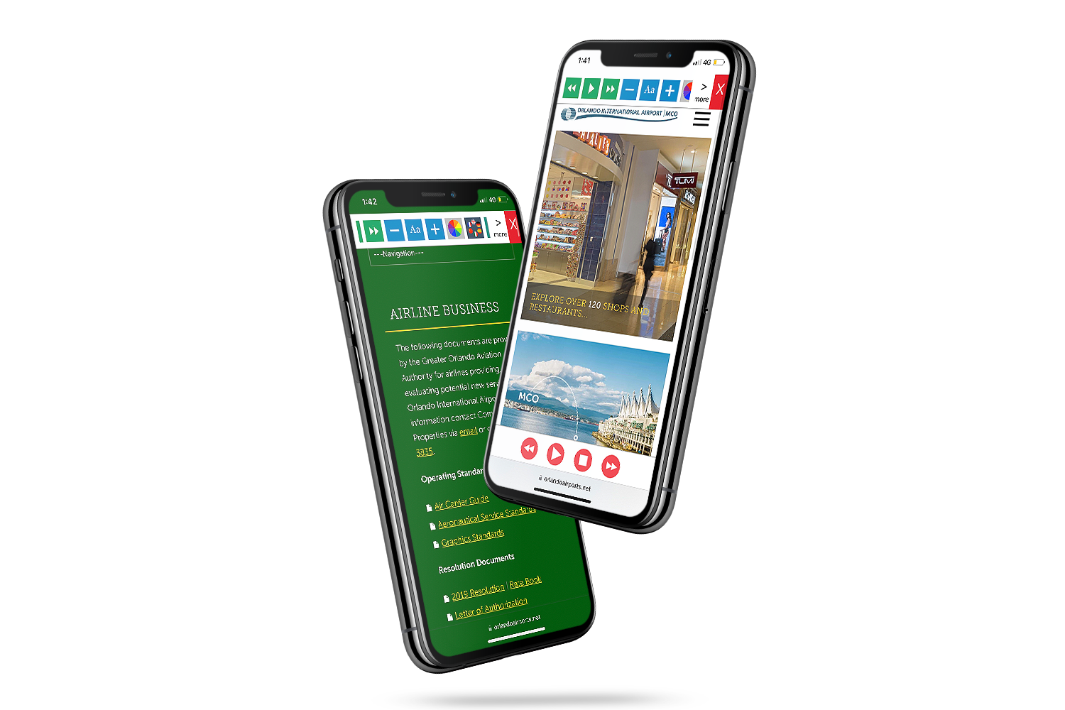 Mobiles with Orlando International Airport website using the Recite Me assistive toolbar