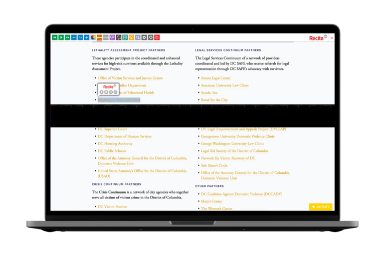 Laptop with DC SAFE website using the Recite Me assistive toolbar