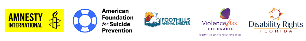 Logos of Recite Me US nonprofit clients: Amnesty International, American Foundation for Suicide Prevention, Foothills Animal Shelter, Violence Free Colorado and Disability Rights Florida