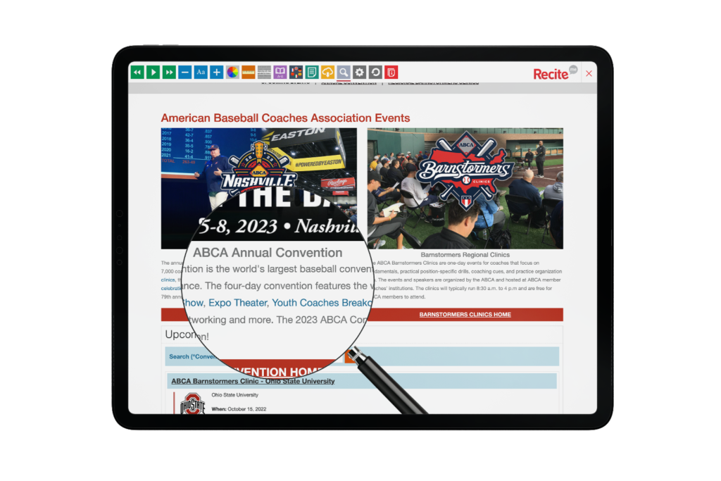 Tablet with American Baseball Coaches Association website using the Recite Me assistive toolbar