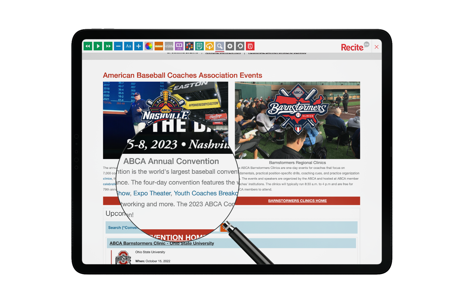 Tablet with American Baseball Coaches Association website using the Recite Me assistive toolbar