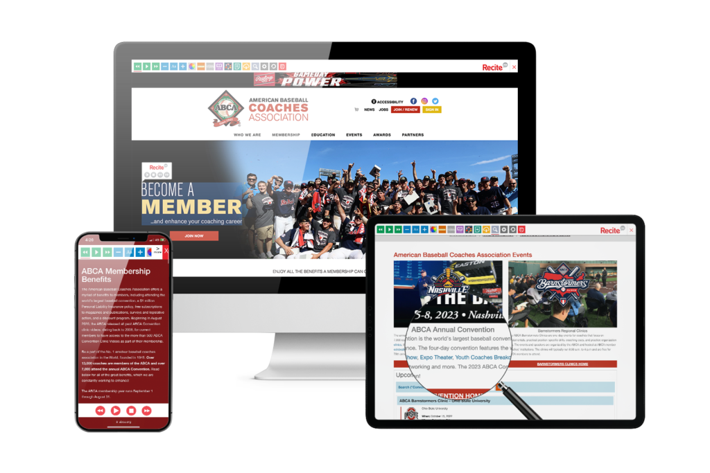 Desktop, mobile and tablet with American Baseball Coaches Association website using the Recite Me assistive toolbar