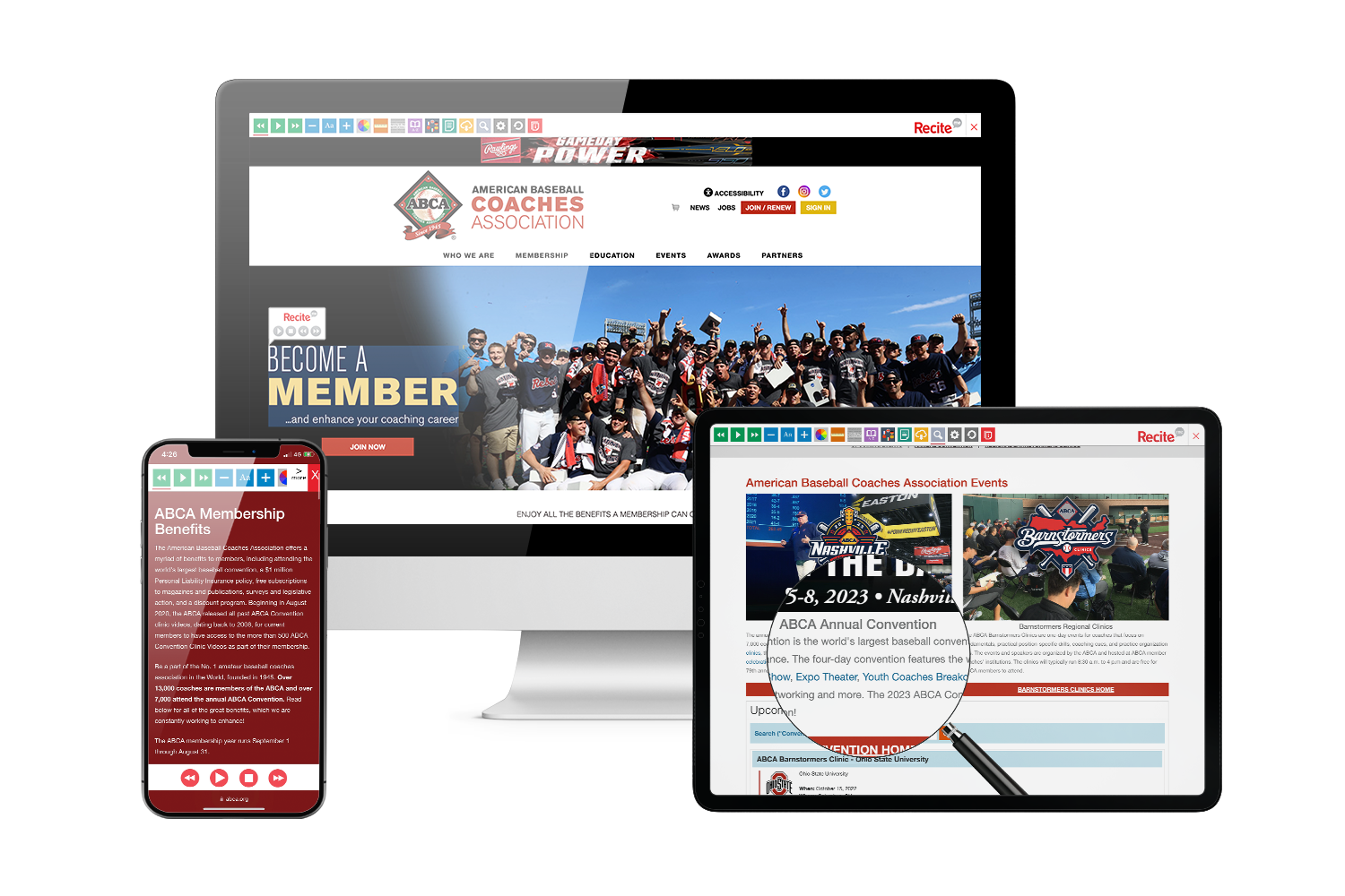 Desktop, mobile and tablet with American Baseball Coaches Association website using the Recite Me assistive toolbar