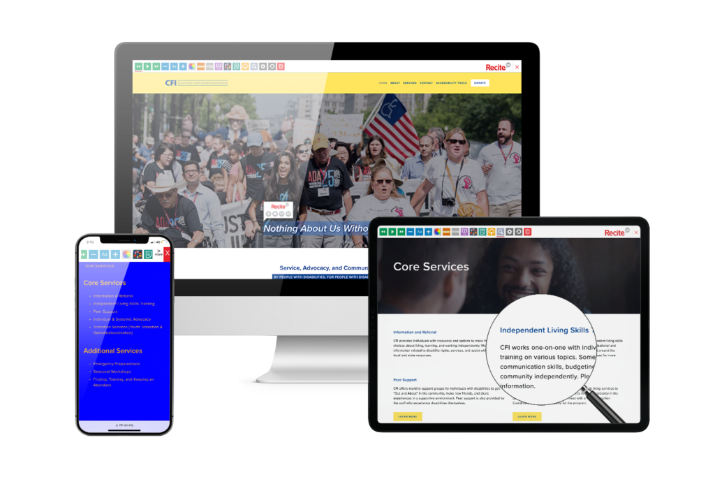 Desktop, mobile and tablet with Center for Independence website using the Recite Me assistive toolbar