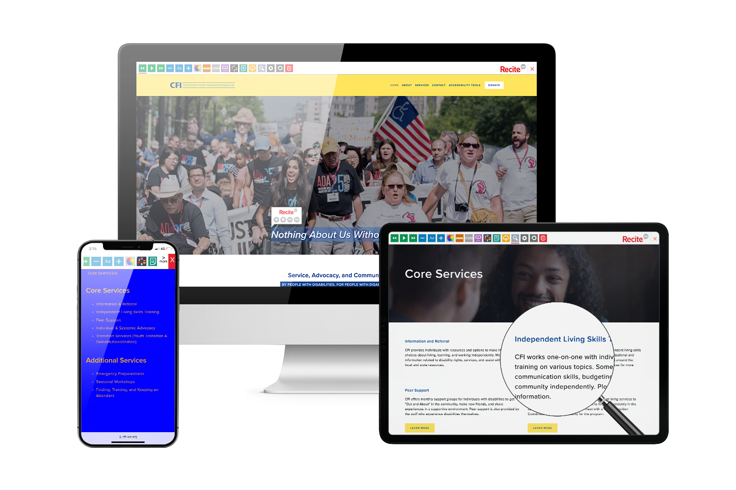 Desktop, mobile and tablet with Center for Independence website using the Recite Me assistive toolbar