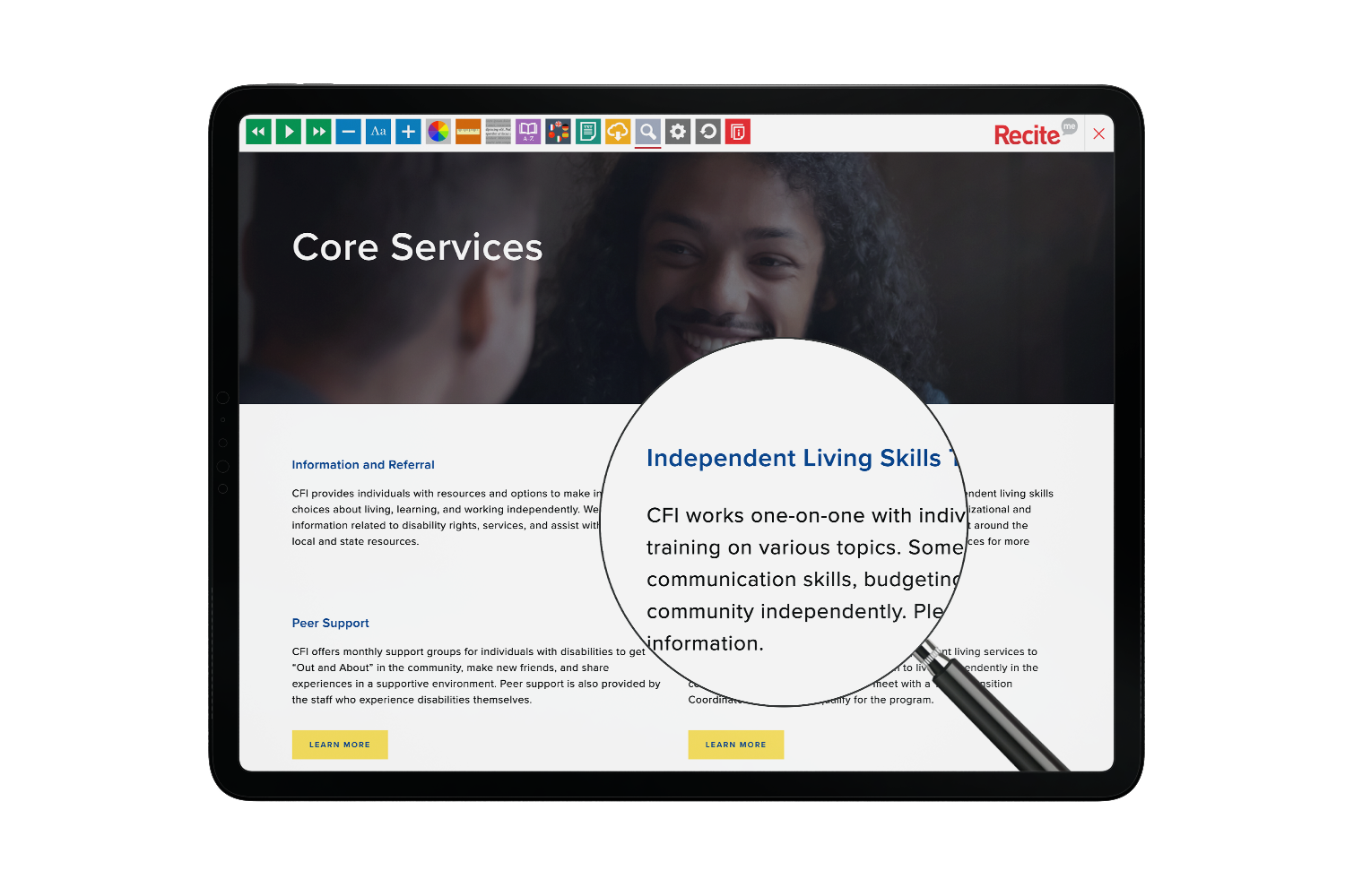 Tablet with Center for Independence website using the Recite Me assistive toolbar