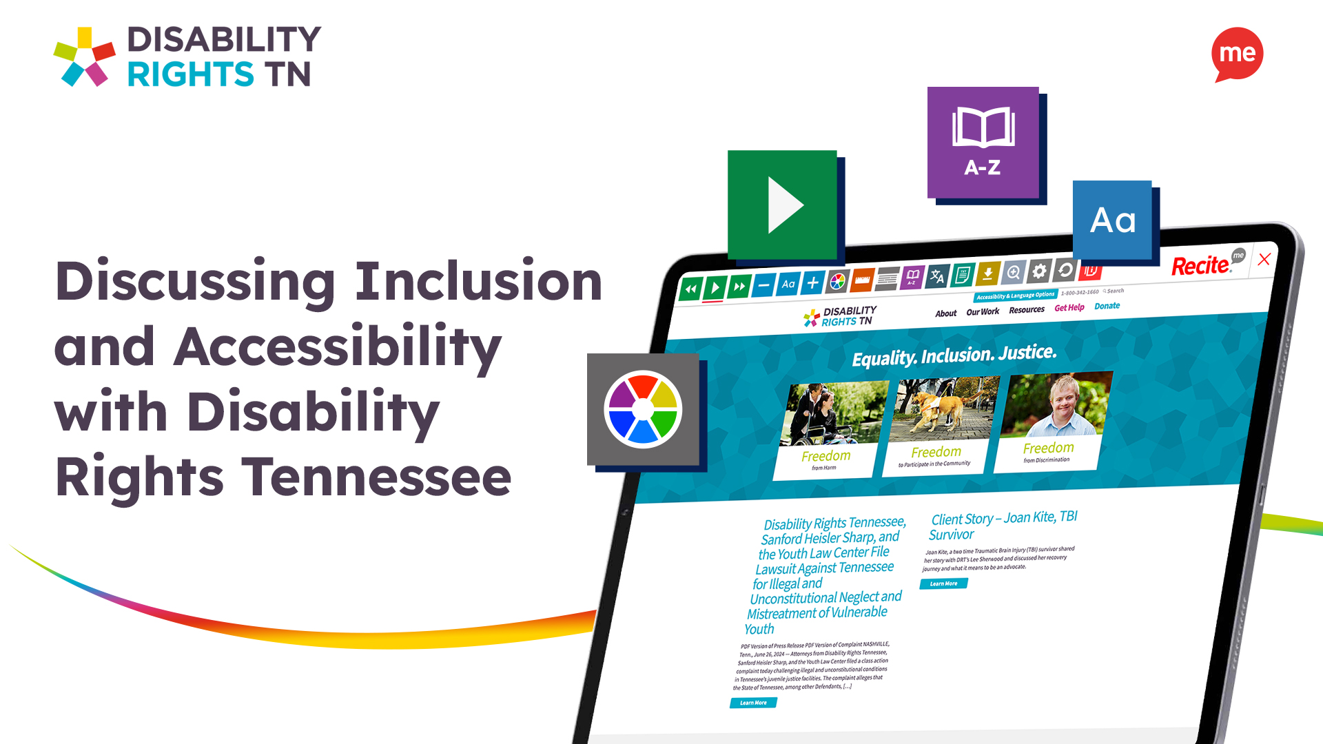 Discussing Inclusion and Accessibility with Disability Rights Tennessee with a tablet with screenshot of Disability Rights Tennessee website
