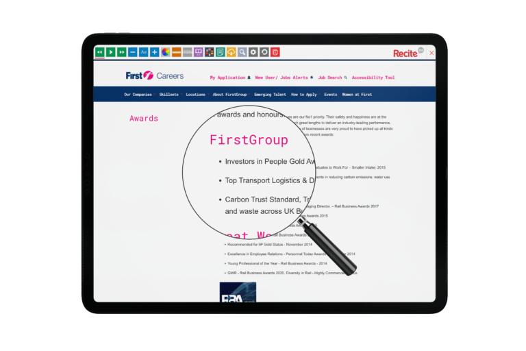 Tablet with First Rail website using the Recite Me assistive toolbar