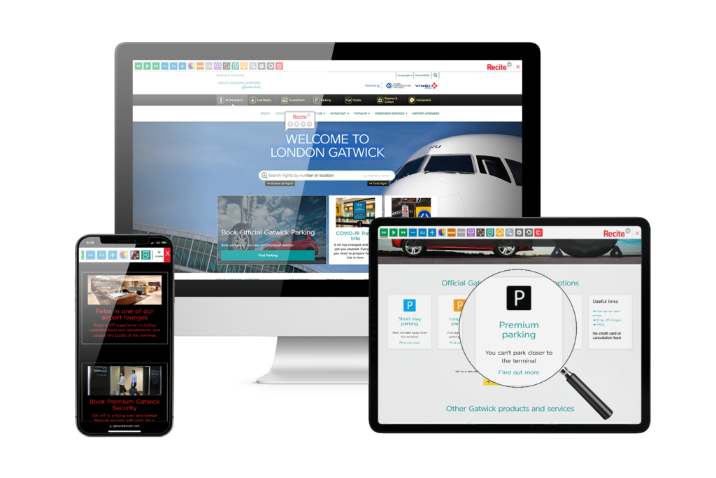 Desktop, mobile and tablet with Gatwick Airport website using the Recite Me assistive toolbar