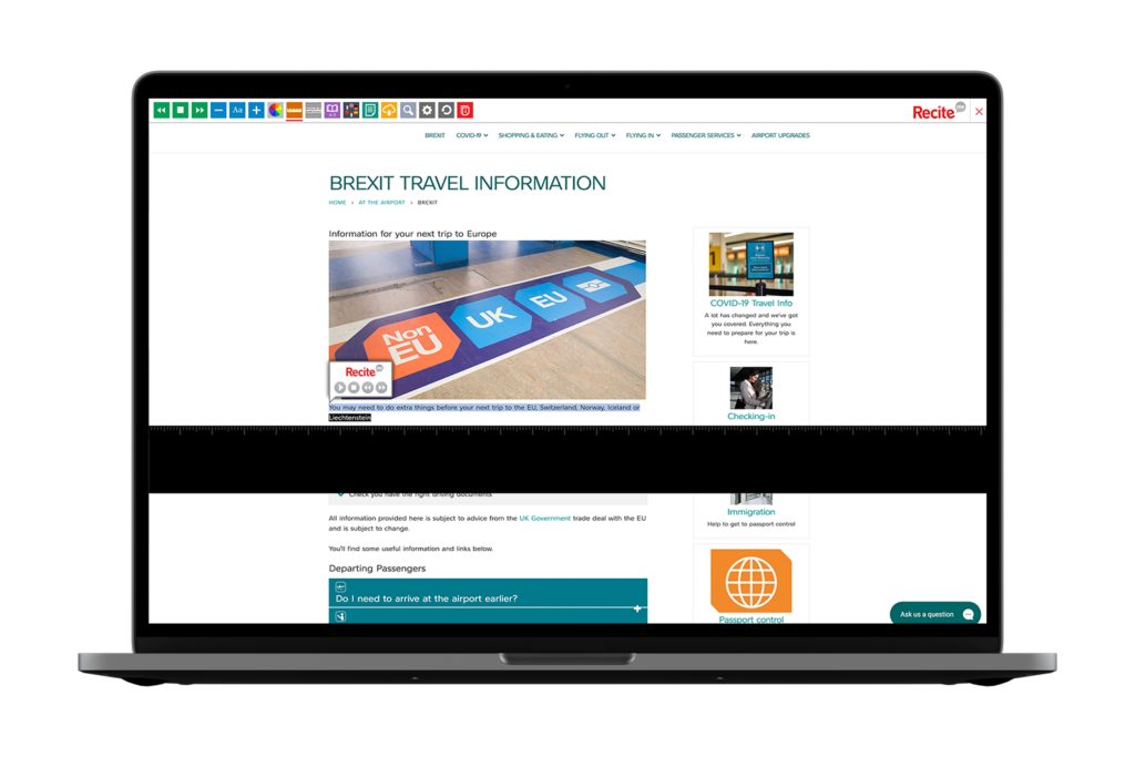 Laptop with Gatwick Airport website using the Recite Me assistive toolbar