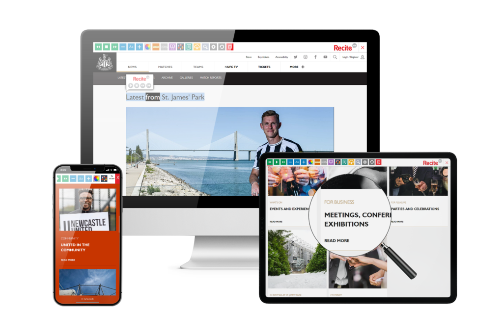 Desktop, mobile and tablet with Newcastle United FC website using the Recite Me assistive toolbar