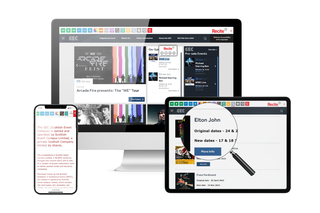 Desktop, mobile and tablet with Scottish Event Campus website using the Recite Me assistive toolbar