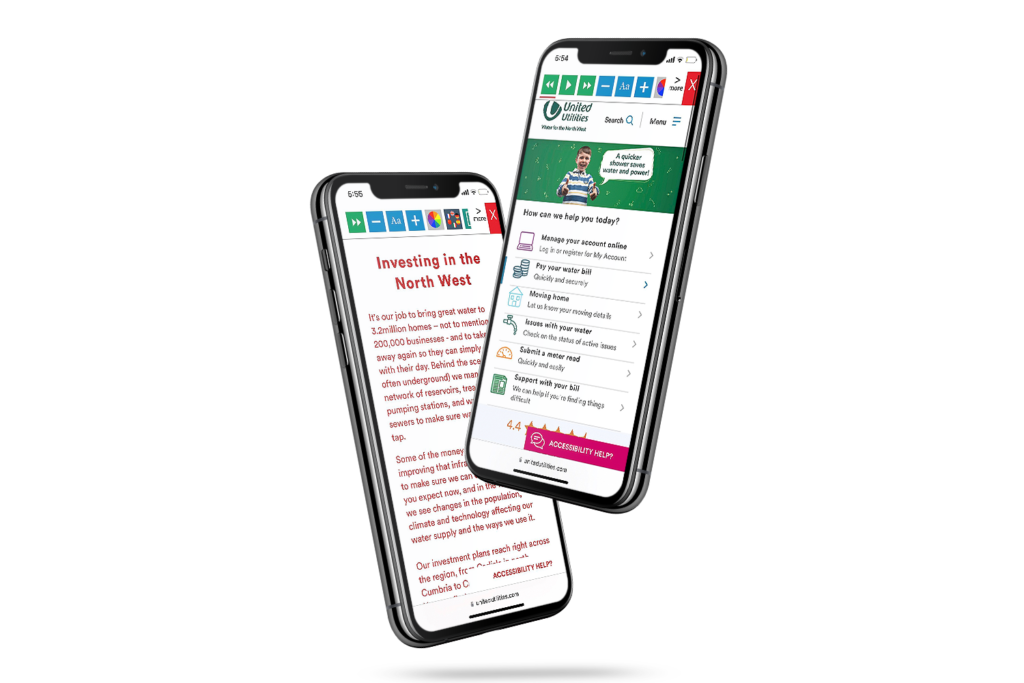 Mobiles with United Utilities website using the Recite Me assistive toolbar