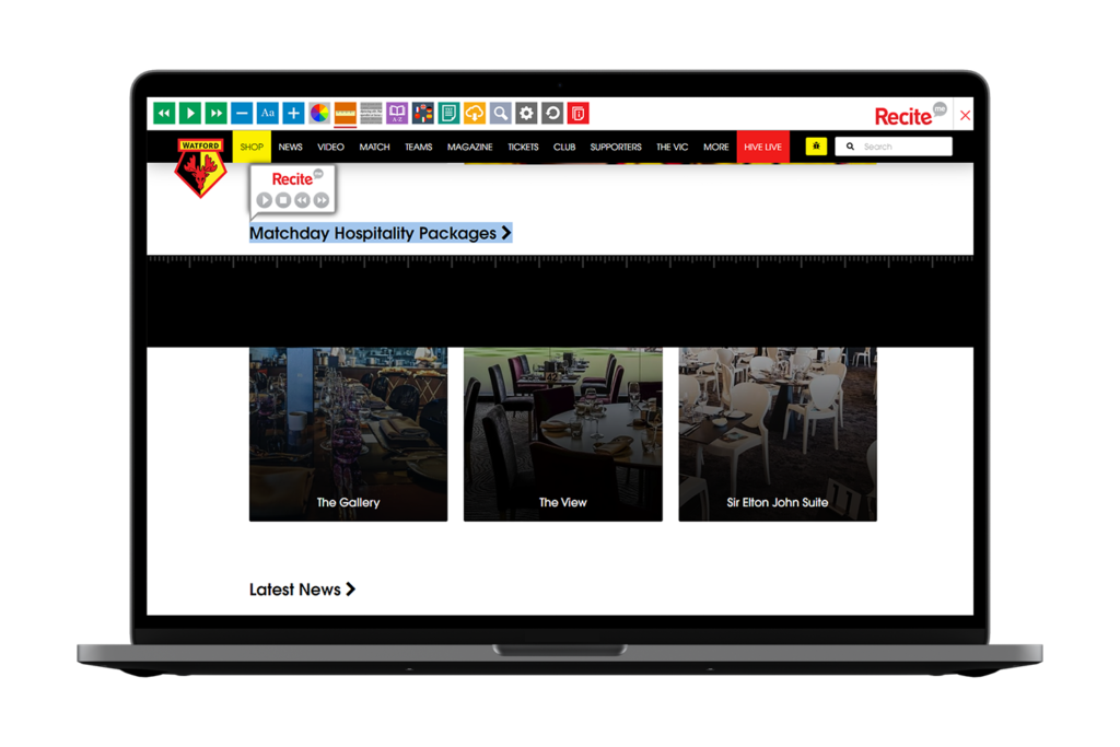 Laptop with Watford Football Club website using the Recite Me assistive toolbar