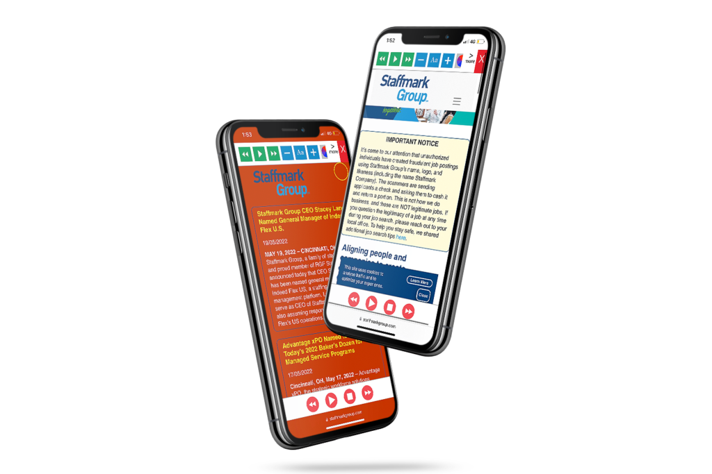 Mobiles with Staffmark Group website using the Recite Me assistive toolbar