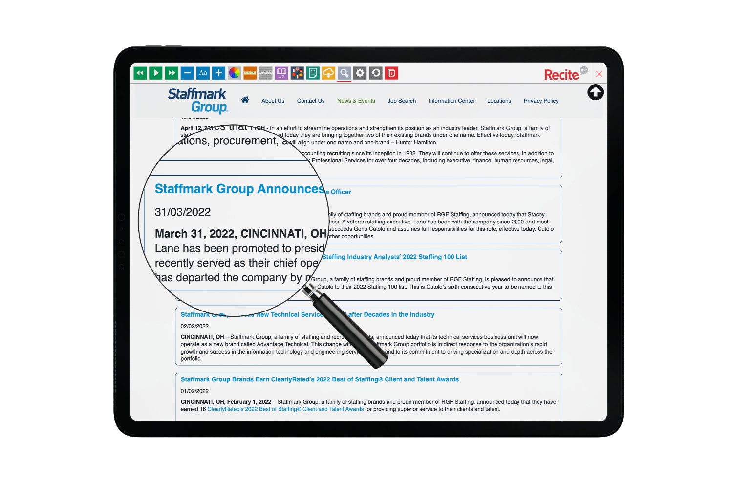 Tablet with Staffmark Group website using the Recite Me assistive toolbar