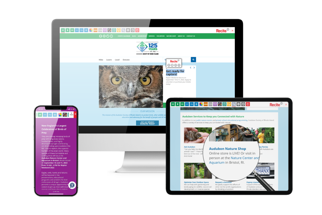 Desktop, mobile and tablet with Audubon Society of Rhode Island website using the Recite Me assistive toolbar