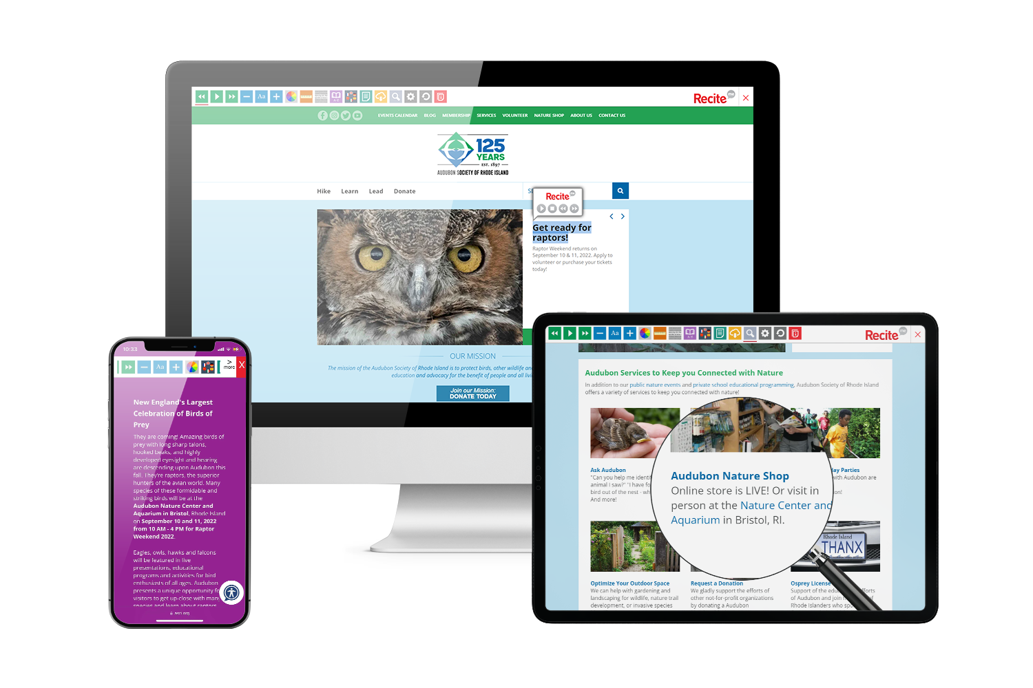 Desktop, mobile and tablet with Audubon Society of Rhode Island website using the Recite Me assistive toolbar