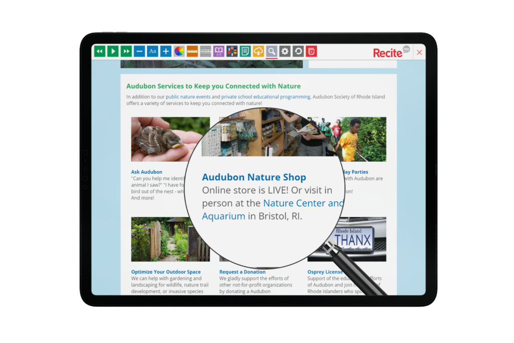 Tablet with Audubon Society of Rhode Island website using the Recite Me assistive toolbar