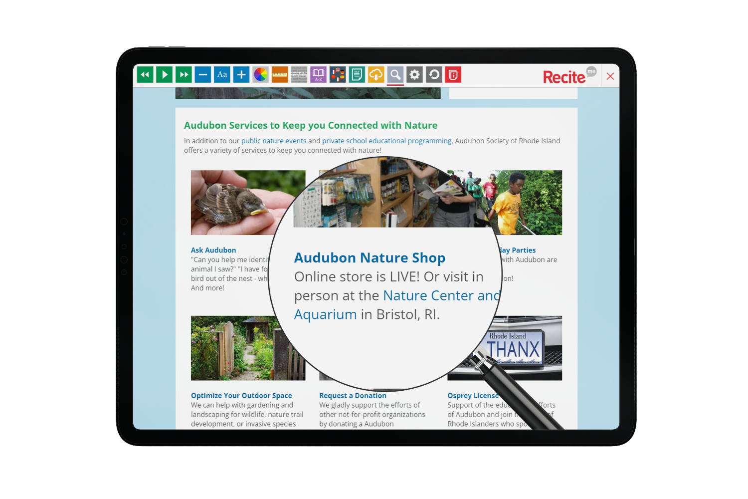 Tablet with Audubon Society of Rhode Island  website using the Recite Me assistive toolbar