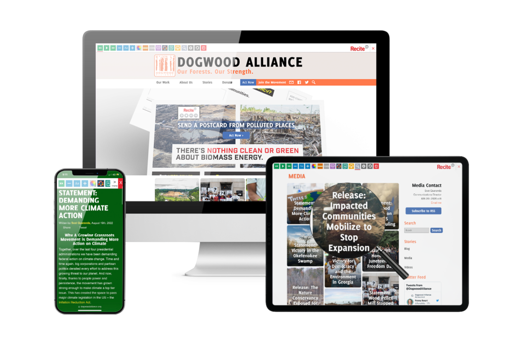 Desktop, mobile and tablet with Dogwood Alliance website using the Recite Me assistive toolbar