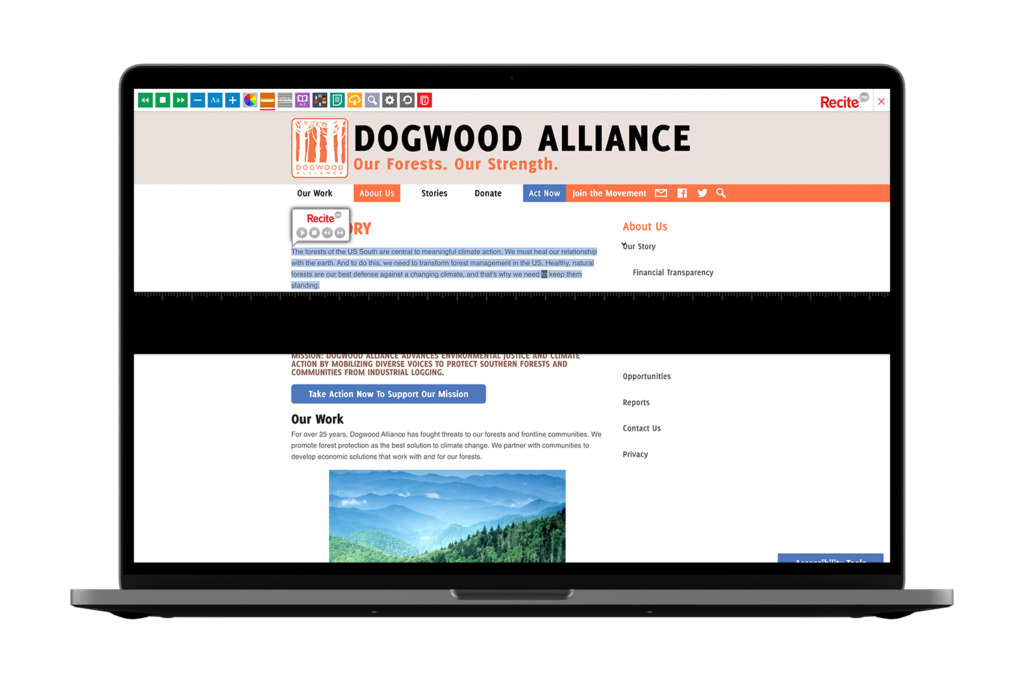Dogwood Alliance Laptop website using the Recite Me assistive toolbar