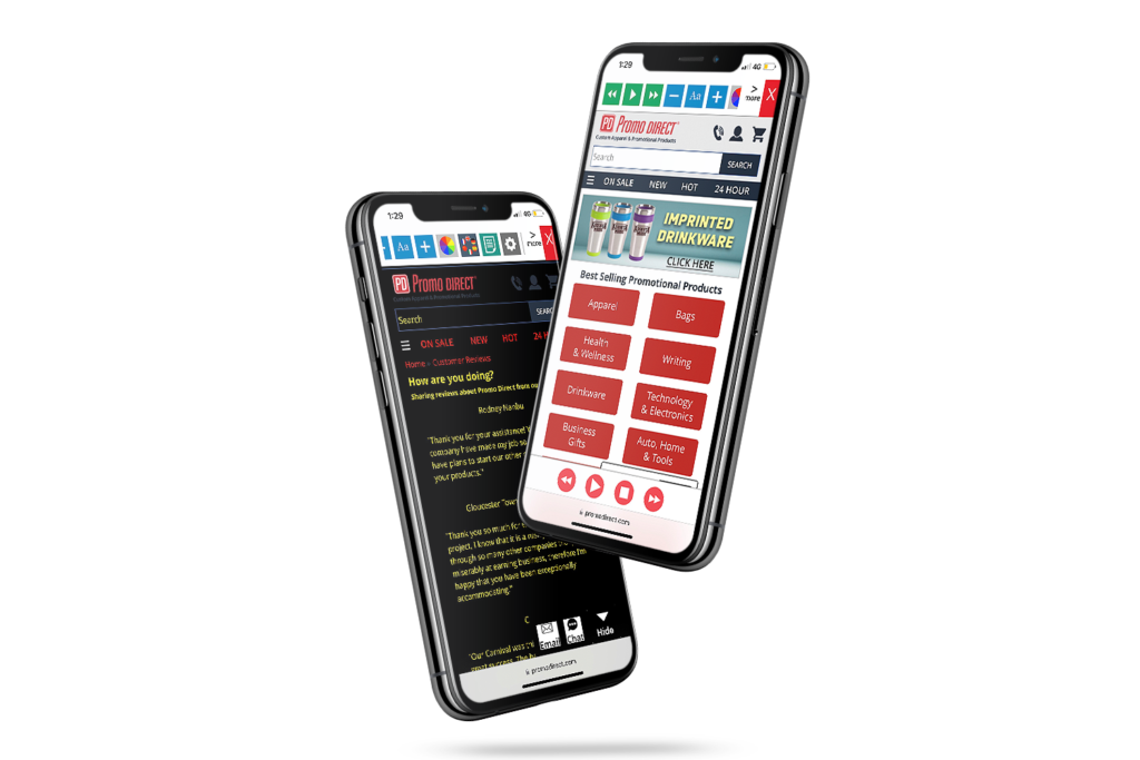 Mobiles with Promo Direct website using the Recite Me assistive toolbar