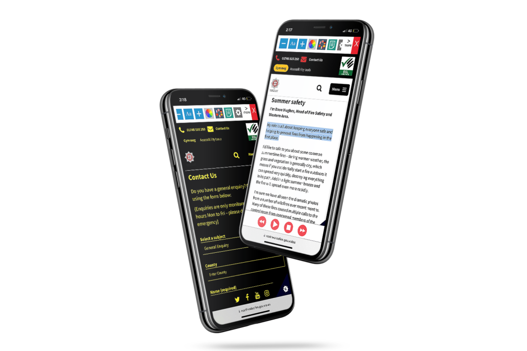 Mobile with North Wales Fire & Rescue website using the Recite Me assistive toolbar
