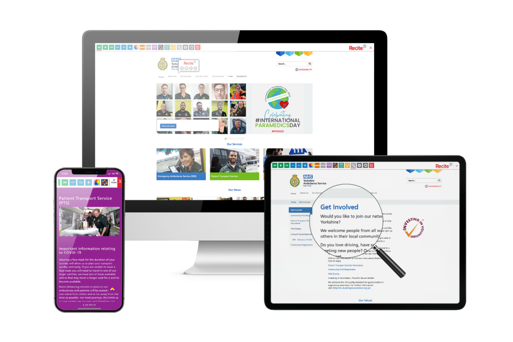 Desktop, mobile and tablet with Yorkshire Ambulance Service website using the Recite Me assistive toolbar