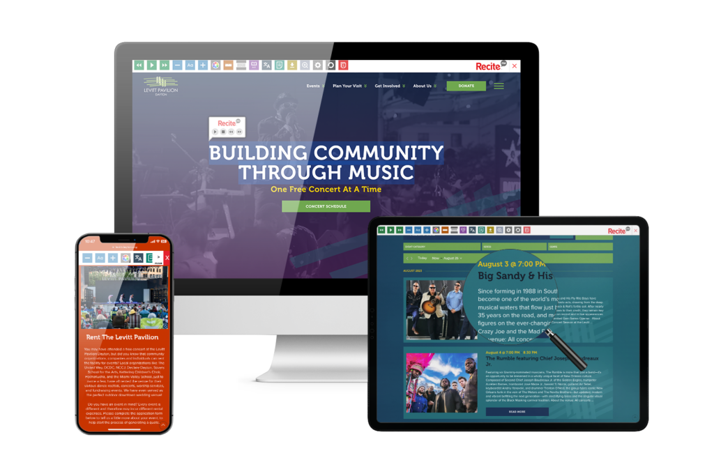 Laptop, tablet, mobile phone with Levitt Pavilion Dayton website