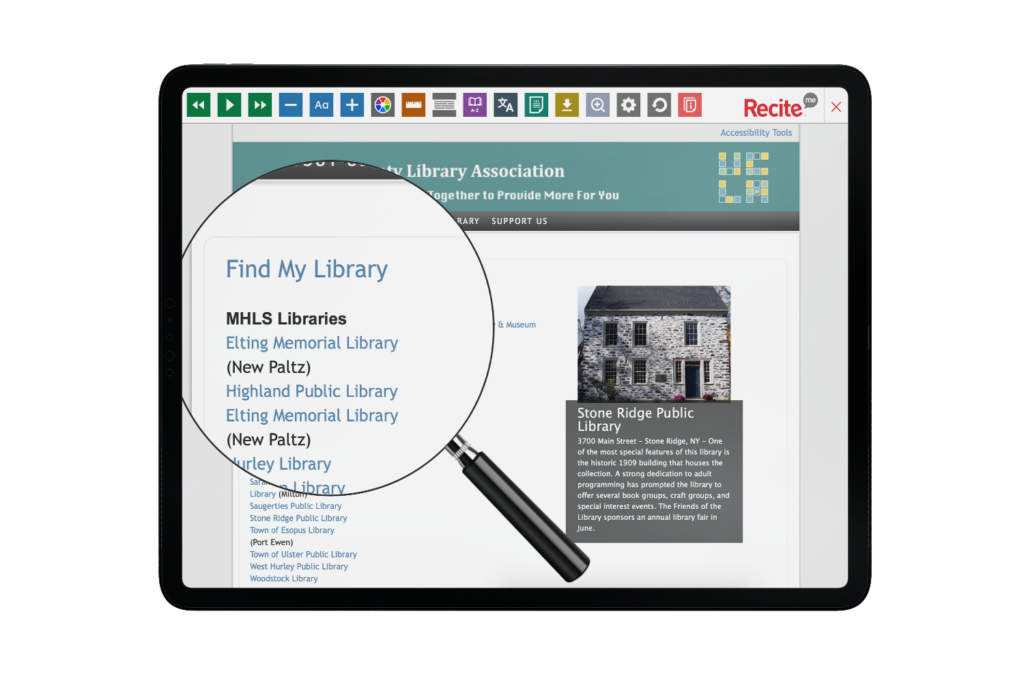 Tablet with Ulster County Library Association website using Recite Me toolbar.