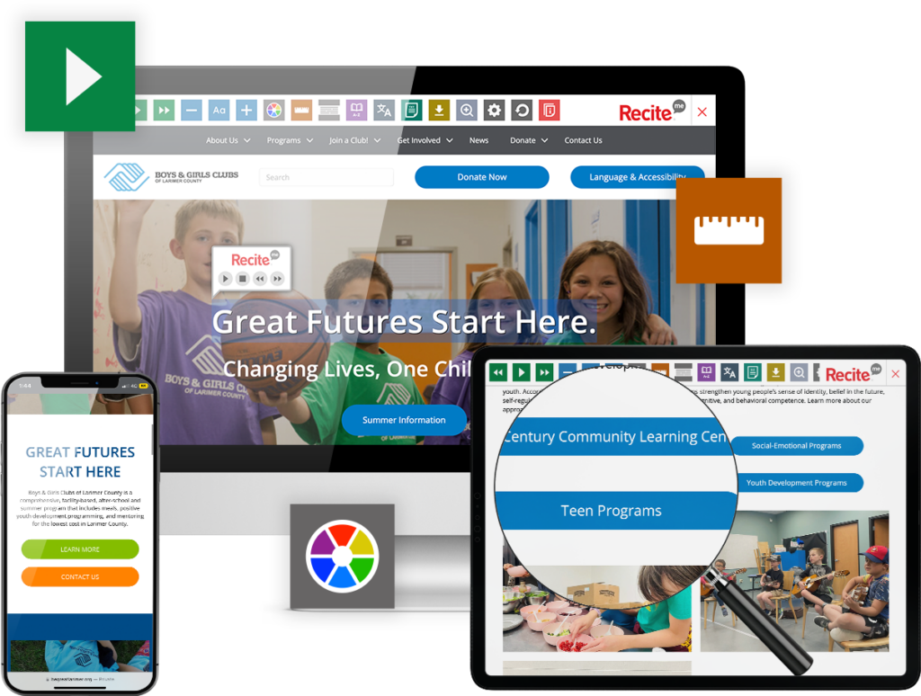 Laptop, tablet and mobile phone with https://begreatlarimer.org/ website screenshot using the Recite Me toolbar.