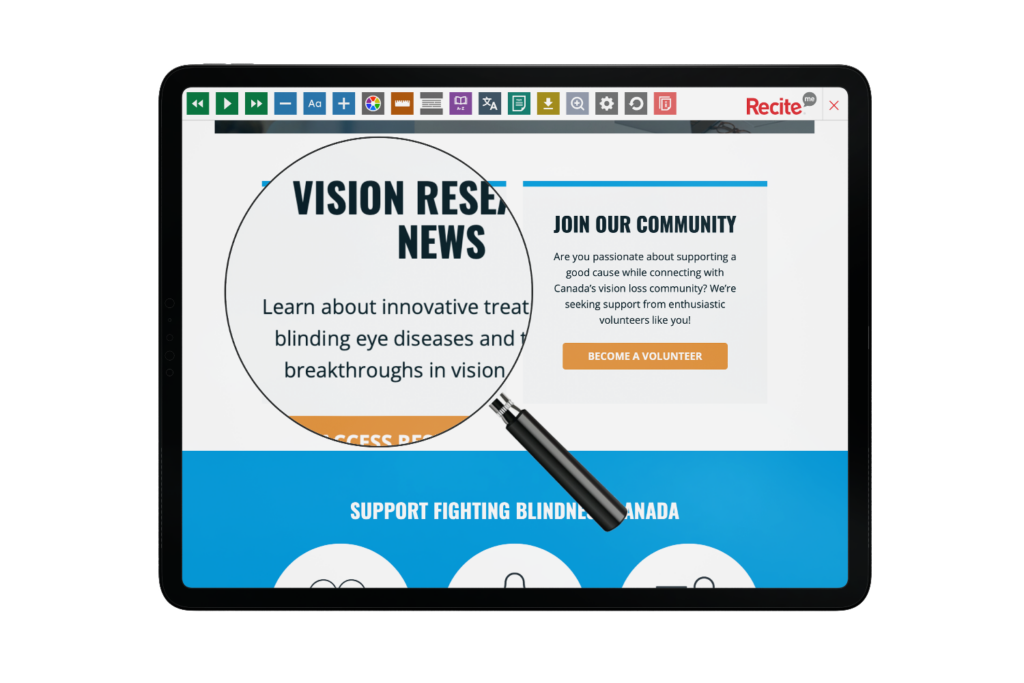 Tablet with screenshot of https://www.fightingblindness.ca/ website using the Recite Me toolbar