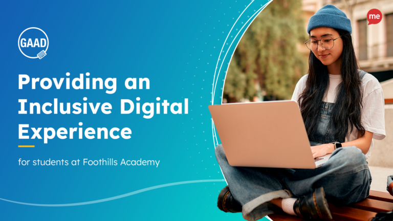 Providing an Inclusive Digital Experience for Students at Foothills Academy with an image of a young woman wearing a beanie and glasses sitting on top of a bench on her laptop